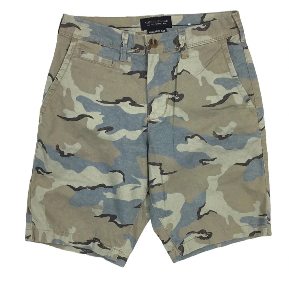American Eagle Green Gray Camo Chino Shorts Mens 26 Slim Fit Next Level Flex‎